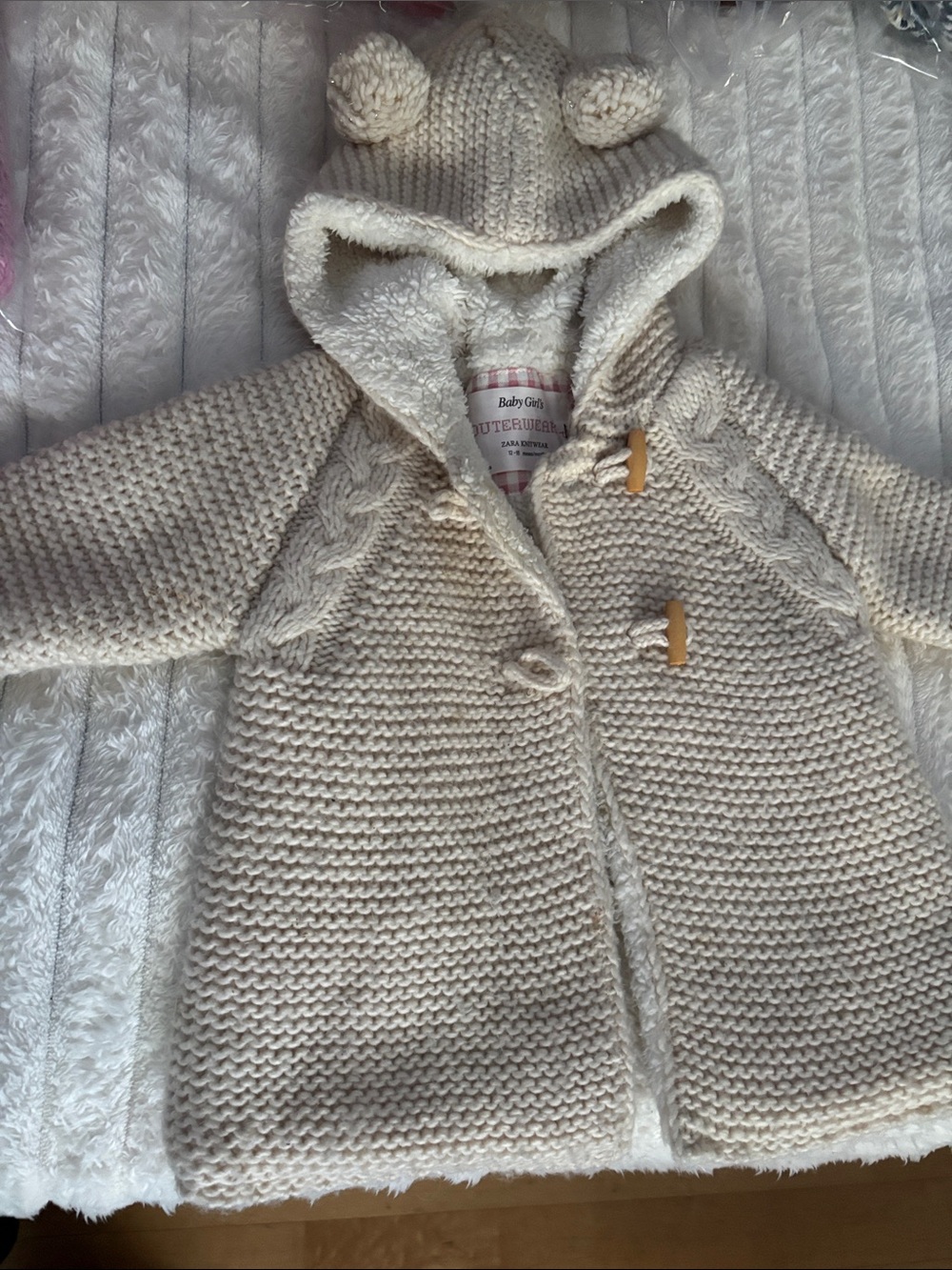 Zara Cream Knit Hooded Puffer with Pom Ears